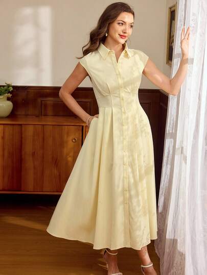 Vintamour Vintage Classic Elegant Women's Dress, Spring/Summer Fitted Shirt Collar Dress, Pleated Dress, Buttoned Dress, Wide Shoulder Cap Sleeve Dress