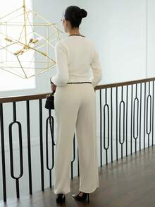 Melissa Matos Nuevo Cárdigan de Punto con Cuello en V de Estilo Francés, Versátil - Beis - Ver 2