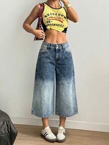 SHEIN ICON Women's Pocket Button Casual Versatile Daily Wear Wide Leg Jeans - Blue - View 4