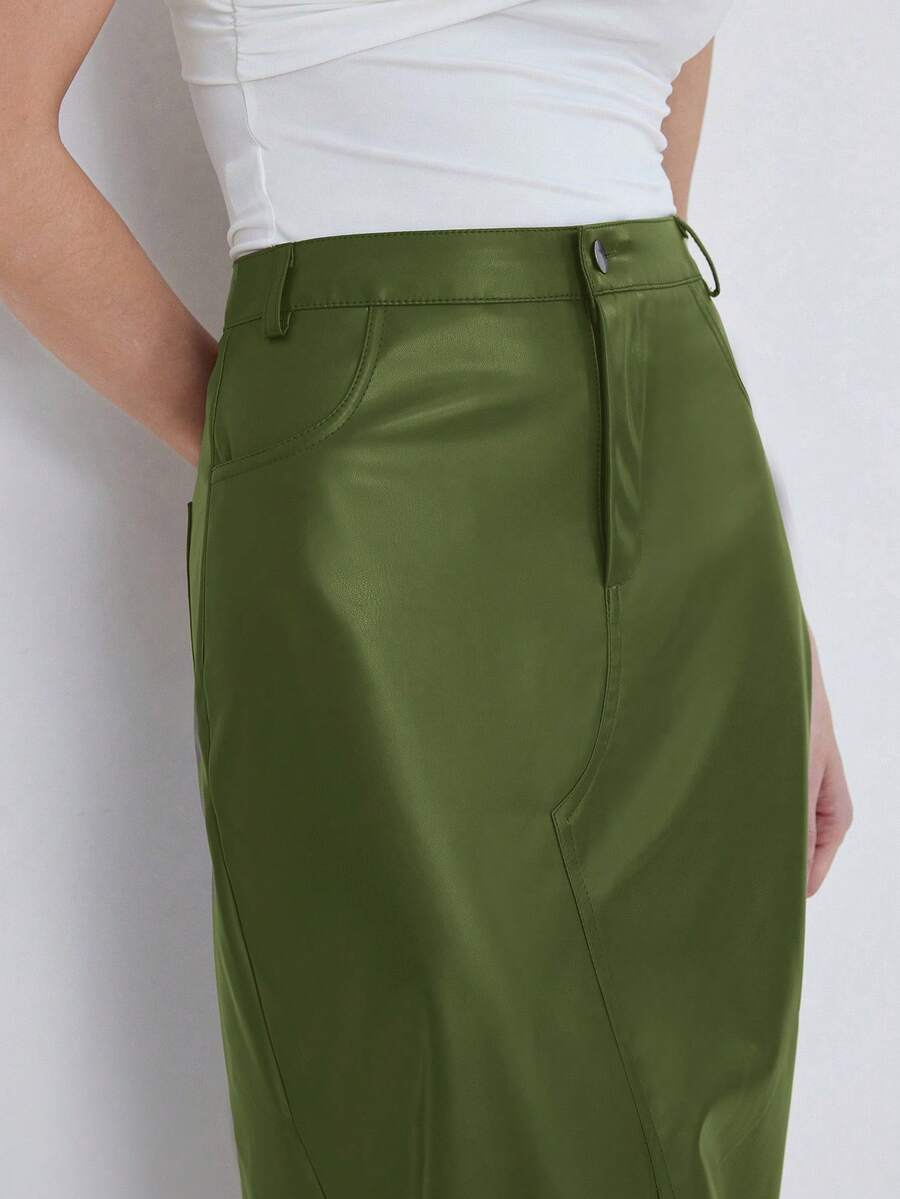 Aveloria Modichic Women's Solid Color Pocket Button Slit Design Casual Versatile Date Outing Skirt - Army Green - View 1