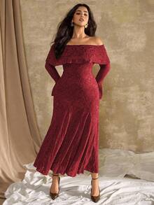 Roveilla 大码女式法式休闲牡丹花卉露肩鱼尾连衣裙 - 紅色 - 查看 4