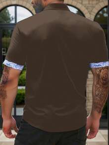 Manfinity Homme Plus Size Men's Contrast Color Short Sleeve Single-Breasted Casual Shirt - Brown - View 2