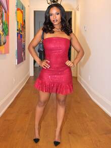 Steph T 女式时尚性感亮片系带露背抹胸迷你连衣裙 - 酒紅色 - 查看 1