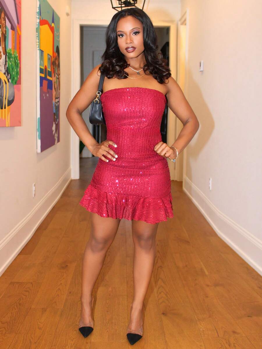 Steph T 女式时尚性感亮片系带露背抹胸迷你连衣裙 - 酒紅色 - 查看 1