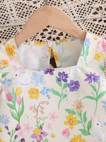 Vestido de dos piezas con estampado de flores y conejos, de manga corta, con un estilo pastoril de primavera y verano para niñas pequeñas. La tela es suave y cómoda, adecuada para diversas ocasiones como salidas de fin de semana, fotografía al aire libre, actividades escolares, reuniones y vacaciones. - Albaricoque - Ver 5