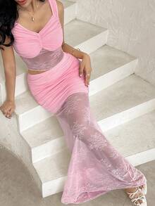 Modelyn 2pcs/Set Fashionable Elegant Rose Pink Lace Sexy Crop Top And Skirt Set, Spring/Summer Sexy Skirt Set Pink Skirt Set Skirt Two Piece Set Pink Two Piece - Pink - View 5
