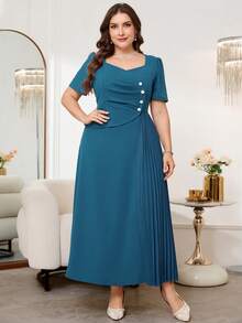 Reflora 大码优雅褶裥拼接中长连衣裙 - 藍色 - 查看 10