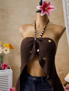 Femesol Women's Solid Color Sequin Beaded Halter Backless Sexy Versatile Date Night Knit Top - Brown - View 6
