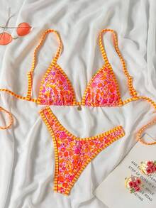 Swim MOD 2件套/组 随机花卉印花金色圆盘装饰挂脖三角比基尼上衣和高衩丁字裤性感泳装套装，春夏女士比基尼套装 比基尼泳装 比基尼泳衣 女士套装 花卉印花比基尼 Zestiva泳装 女士比基尼套装 2件套比基尼套装 Yummy Control泳衣 条纹比基尼 2件套 花卉比基尼 - 彩色 - 查看 5