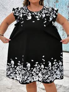 SHEIN CURVE+ 大码波西米亚风蓝色碎花梭织面料短款连衣裙，圆领荷叶边细节，适合女士沙滩装/沙滩裙/沙滩度假装/沙滩必备/毕业典礼/下午茶派对穿着 - 黑與白 - 查看 6