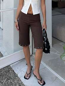 Aloruh 咖啡色针织撞色铆钉短裤，棕色七分裤，辣妹风，复活节，海滩，夏季，锐舞派对，演唱会，乡村音乐会，休闲，波西米亚风 - 咖啡棕 - 查看 2