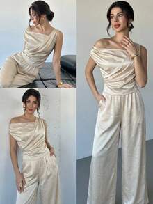 Firerie Women's Casual Elegant Cupro Silk Wide-Leg Pants Two Pieces Set / Apricot Set / Off-Shoulder Set / Metallic Fabric / Summer Cool Set / Summer Outfit For Women / Wedding / Casual Sets For Women / Women's Luxury Set Jumpsuits For Women For Wedding Birthday Outfits For Women Jumpsuit Ladies Jumpsuit For Party - Apricot - View 2