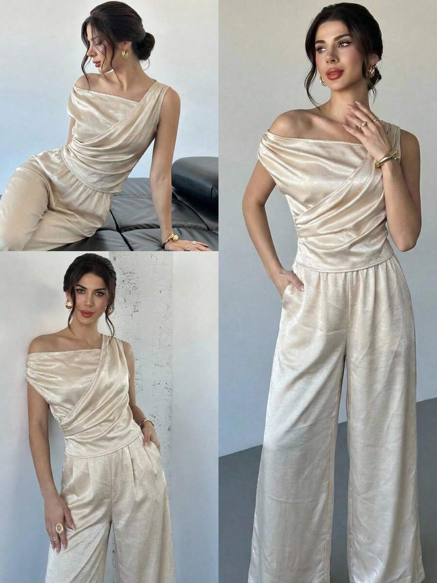 Firerie Women's Casual Elegant Cupro Silk Wide-Leg Pants Two Pieces Set / Apricot Set / Off-Shoulder Set / Metallic Fabric / Summer Cool Set / Summer Outfit For Women / Wedding / Casual Sets For Women / Women's Luxury Set Jumpsuits For Women For Wedding Birthday Outfits For Women Jumpsuit Ladies Jumpsuit For Party