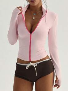 Gameset SHEIN Sport 女款亮粉色夏季性感健身運動夾克，修身立領撞色全開襟拉鍊長袖，附拇指孔與圓弧下擺 - 粉色 - 查看 3