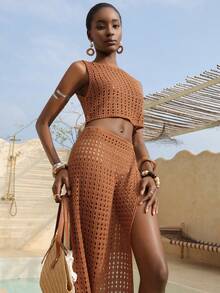 Vesra 两件套女士针织毛衣套装，夏季罩衫 - 鏽棕色 - 查看 6