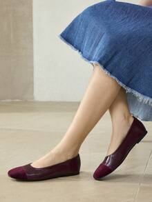 MOTF WOMEN CONTRAST PU LEATHER SQUARE TOE FLATS FOR CHRISTMAS SPRING SHOES - Burgundy - View 5