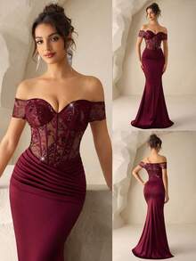 Coutiva Đây có phải là một chiếc đầm trễ vai thanh lịch với viền satin xuyên thấu, thêu sequin và kiểu dáng đuôi cá không? Thích hợp cho các sự kiện buổi tối trang trọng, tiệc cưới, lễ tốt nghiệp và các buổi tiệc chiêu đãi. - Màu Đỏ Sâu - Xem 3