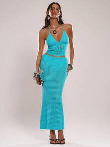 SHEIN BAE 2件/套露背系带浪漫度假女式毛衣 - 藍色 - 查看 3