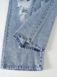 Jeans style de rue pour adolescentes, coupe droite ample, couleur bleu clair en denim, design déchiré et délavé, tissu doux et confortable, convient pour l'école, les déplacements et les sorties décontractées, toutes saisons - Jean clair - Voir 5