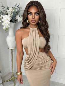 Slaydiva New Early Spring, Spring And Summer Music Festival, Valentine's Day, Easter, Bohemian Style, Nomadic Style, Casual, Simple And Basic, Cruise Party, Birthday Party, Daily Date, Casual Vacation, Elegant Commuting, Halter, Strappy, Wavy Design, Waist And Back Exposed, Hip Pleated, Slimming Long Dress, Khaki Dress, Long Dress For Women -A - Khaki - View 10