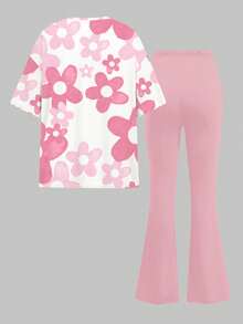 Bộ đồ bé gái phong cách tối giản, họa tiết thỏ xanh hoạt hình Kawaii, phối hoa hồng ombre, áo tay ngắn cổ tròn và quần ống loe, thích hợp cho trang phục mùa hè retro cho bé gái, bộ quần áo trẻ em, đồ phối hợp cho bé gái. - Nhiều màu - Xem 3