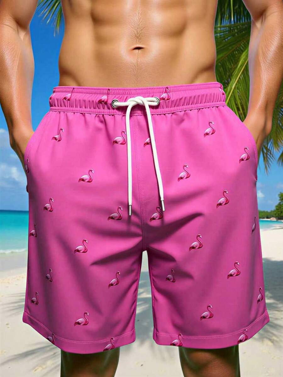 Manfinity Swimmode Quần short đi biển thời trang thường ngày in họa tiết chim hồng hạc cho nam, có dây rút ở eo - Hồng - Xem 1