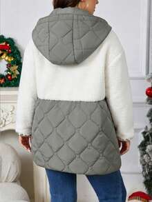 EMERY ROSE 大码女式休闲撞色仿羊毛拼接绗缝连帽衫，可调节抽绳加厚羽绒服 - 彩色 - 查看 2