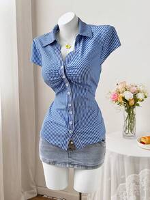 Sweetra CURVE Plus Size Women Striped Single-Breasted Pleated Casual Versatile Daily Wear Shirt - Blue - View 6