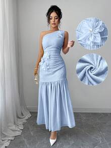 Modelyn Đầm chiffon vàng họa tiết hoa 3D dành cho nữ - Màu xanh lam - Xem 5