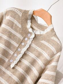 CosyJoli Blusa de punto holgada con bloques de color, encaje y calados, estilo francés casual, para primavera/verano, tallas grandes - Caqui - Ver 4