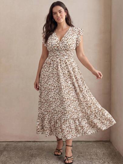 Juhart 大码花卉印花褶皱秋千休闲夏季假日连衣裙长款女装