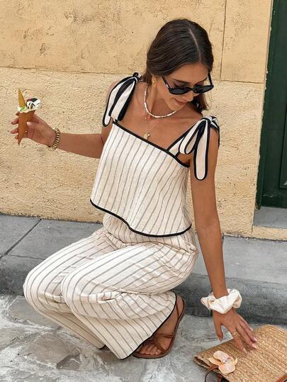 Serisse Women's French Summer Vacation Casual Linen  Striped Contrast Color  Ruffled Bow Strap Edges Knotted Camisole Top And Loose  Pants 2 Pieces Set,Loose And Casual, Linen Sleeveless 2-Piece Pants Set Fashionable, For Summer Office Commuting Set,Summer Sets,,Summer Beach Set,Summer Pant Set, Boho Two Piece Set,Slimming Casual Set,Summer Vacation Outfits,Holiday Outfits For Women, Summer Outfits For Women , Holiday Outfits Western Wear Women Summer Holiday Outfits,Vacation Outfits For Women Resort,Woman Casual Two Piece Set Comfortable Two Piece Set