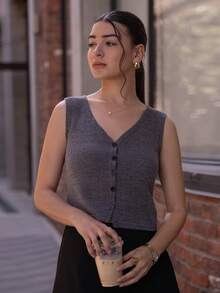 Andrea Bello Women's V-Neck Sleeveless Fitted Street Casual Vest Jacket Women Coats - White - View 1