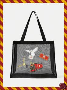 HARRY POTTER X SHEIN 黑色网眼手提袋，印花图案，大容量，便携，适合度假、旅行、购物。 - 卡其色 - 查看 1