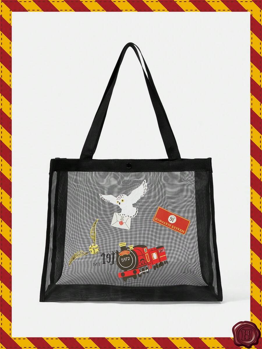 HARRY POTTER X SHEIN 黑色网眼手提袋，印花图案，大容量，便携，适合度假、旅行、购物。 - 卡其色 - 查看 1