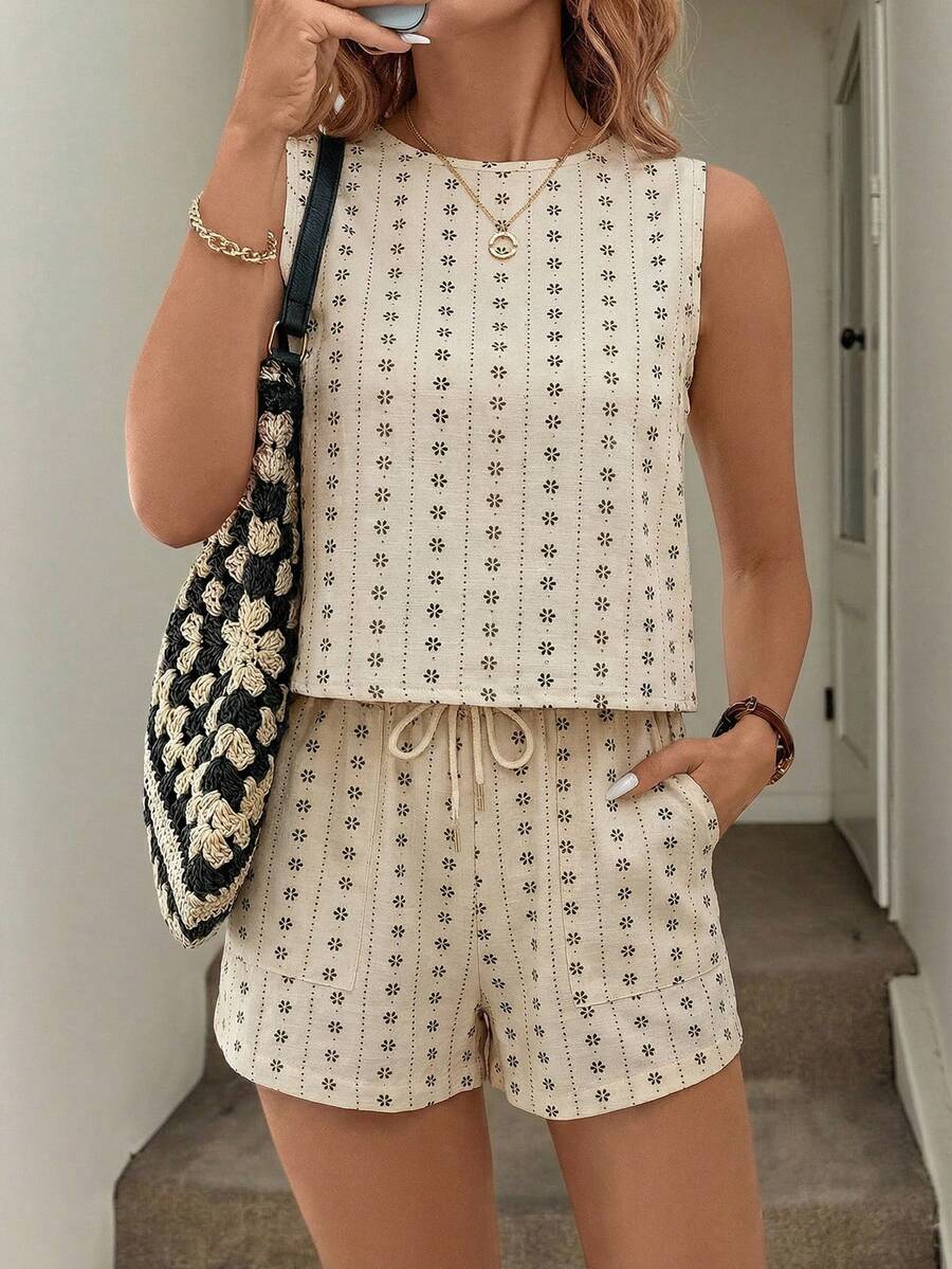 Easowa 几何花卉印花休闲宽松优雅通勤度假两件套女装，包括无袖短款衬衫和带口袋的系带阔腿短裤 - 彩色 - 查看 1