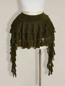 SHEIN ICON 大码度假休闲性感白色蕾丝荷叶边迷你裙，配有安全短裤，适合夏季、音乐节和返校季穿着。 - 軍綠色 - 查看 3