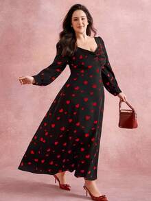 Juhart Đầm maxi dáng chữ A xẻ tà, cổ hình trái tim, xếp ly sâu, tay phồng, eo thắt, dành cho nữ cỡ lớn, màu đen với họa tiết trái tim đỏ, thích hợp cho lễ Halloween, Giáng sinh, tiệc Valentine, mùa xuân/hè/thu/đông. - màu đen - Xem 9