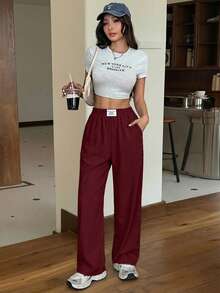 Pantalones rectos y sueltos de pierna ancha de color negro con estampado tipo zhanga para vacaciones de primavera y verano - Burdeos - Ver 5