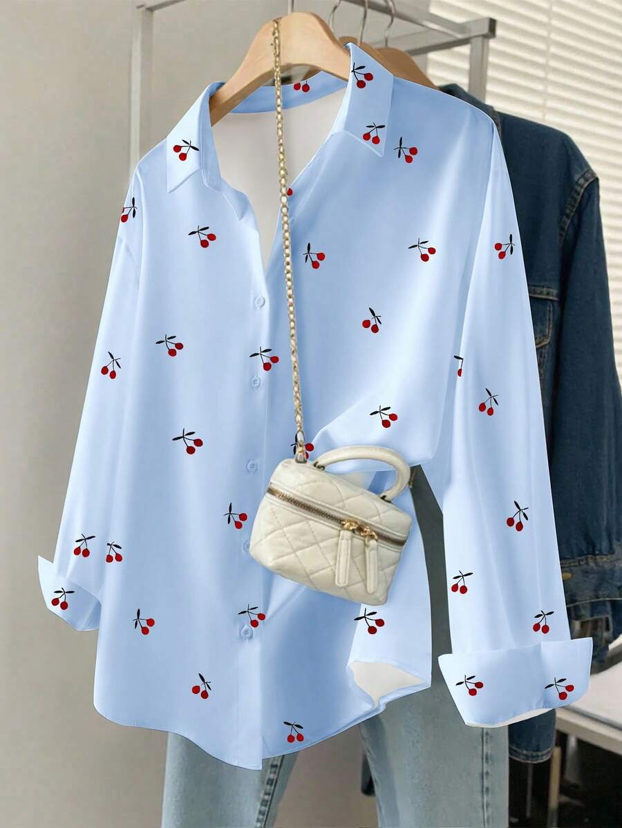 SHEIN Plus Size Women Cherry Print Shirt, Autumn Fall - Multicolor - View 1