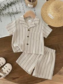 LMoss Kids 2pcs Baby Boy Contrast Color Knit Soft Collar Short Sleeve Top And Elastic Waist Shorts Set - Apricot - View 1