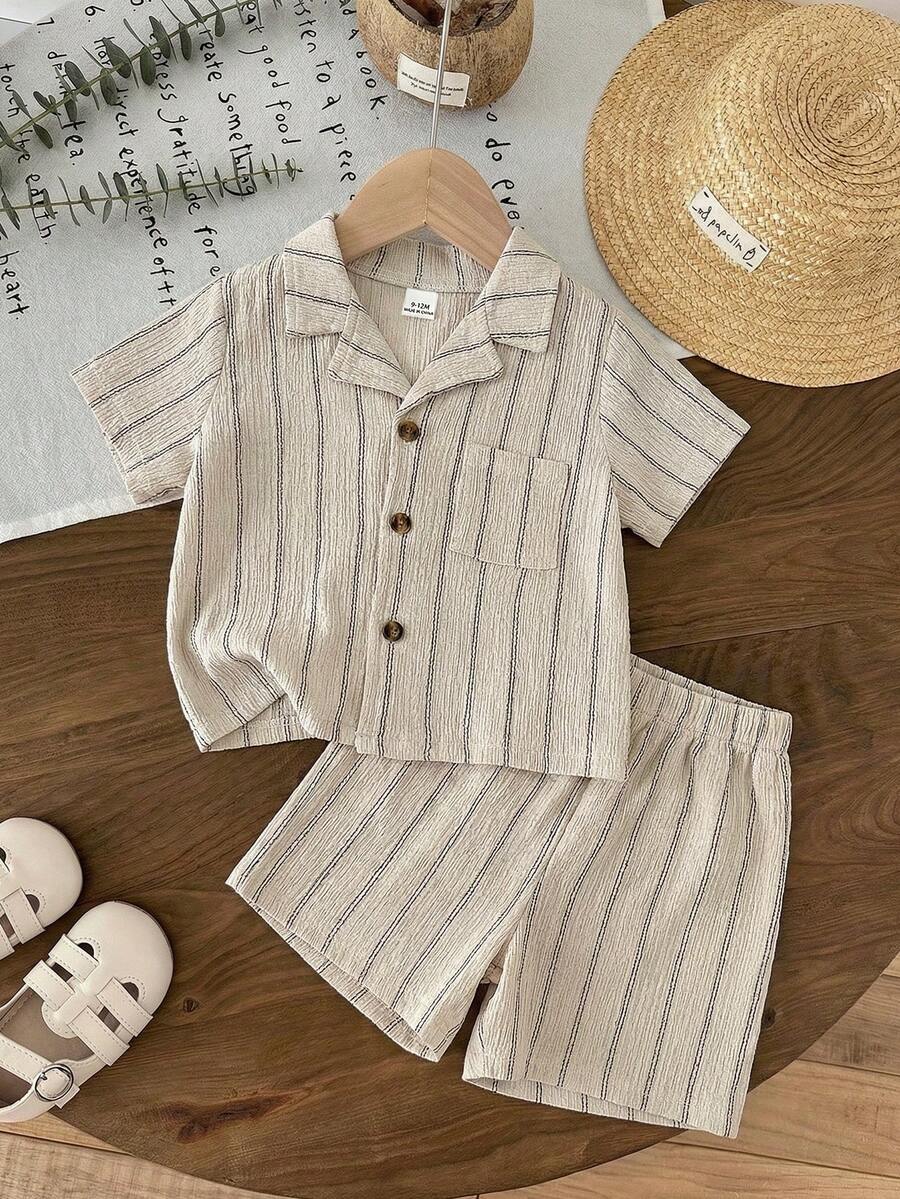 LMoss Kids 2pcs Baby Boy Contrast Color Knit Soft Collar Short Sleeve Top And Elastic Waist Shorts Set - Apricot - View 1