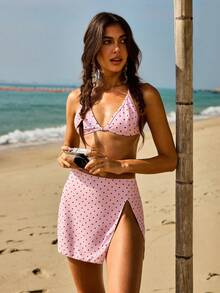 Swim Mod Women's Summer Beach Polka Dot Halter Tie Sexy Bikini Set With Matching Skirt 2 Pieces Set Swimwear - Pink - View 3