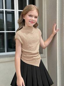 SHEIN Serisse Kids 少女休闲针织修身漏斗领褶皱不对称下摆短袖上衣，适合春夏返校季，也可作为母女装穿着。 - 杏色 - 查看 3