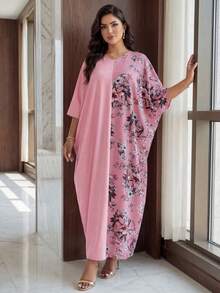 SHEIN Lady CURVE Vestito casual estivo con scollo a V, manica lunga, tinta unita rosa, con toppe a fiori, taglie comode e ampie - Rosa - Visualizzare 1