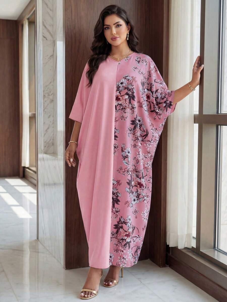 SHEIN Lady CURVE Vestito casual estivo con scollo a V, manica lunga, tinta unita rosa, con toppe a fiori, taglie comode e ampie - Rosa - Visualizzare 1