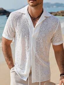 VENTUSAIL Áo sơ mi nam tay ngắn dệt kim họa tiết hoa trơn màu, phong cách thường ngày, thích hợp cho kỳ nghỉ hè, đi biển. - trắng - Xem 6