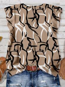 EMERY ROSE Casual Minimalist Vacation Bohemian Elegant Retro Abstract Striped Print Pattern, Beach Outfit, Vacation Outfit, Women's Summer Outfit, V-Neck Flutter Sleeve Women's Blouse - Multicolor - View 2