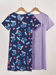 Girls'2-Piece Set Cute Purple Rabbit Print Nightgown,Navy Blue Allover Bunny Pattern Short Sleeve Long Sleep Dress,Summer Comfortable Home Wear - Purple - View 2