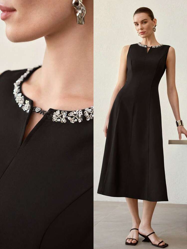 CONTRAST SEQUIN CUT OUT DRESS